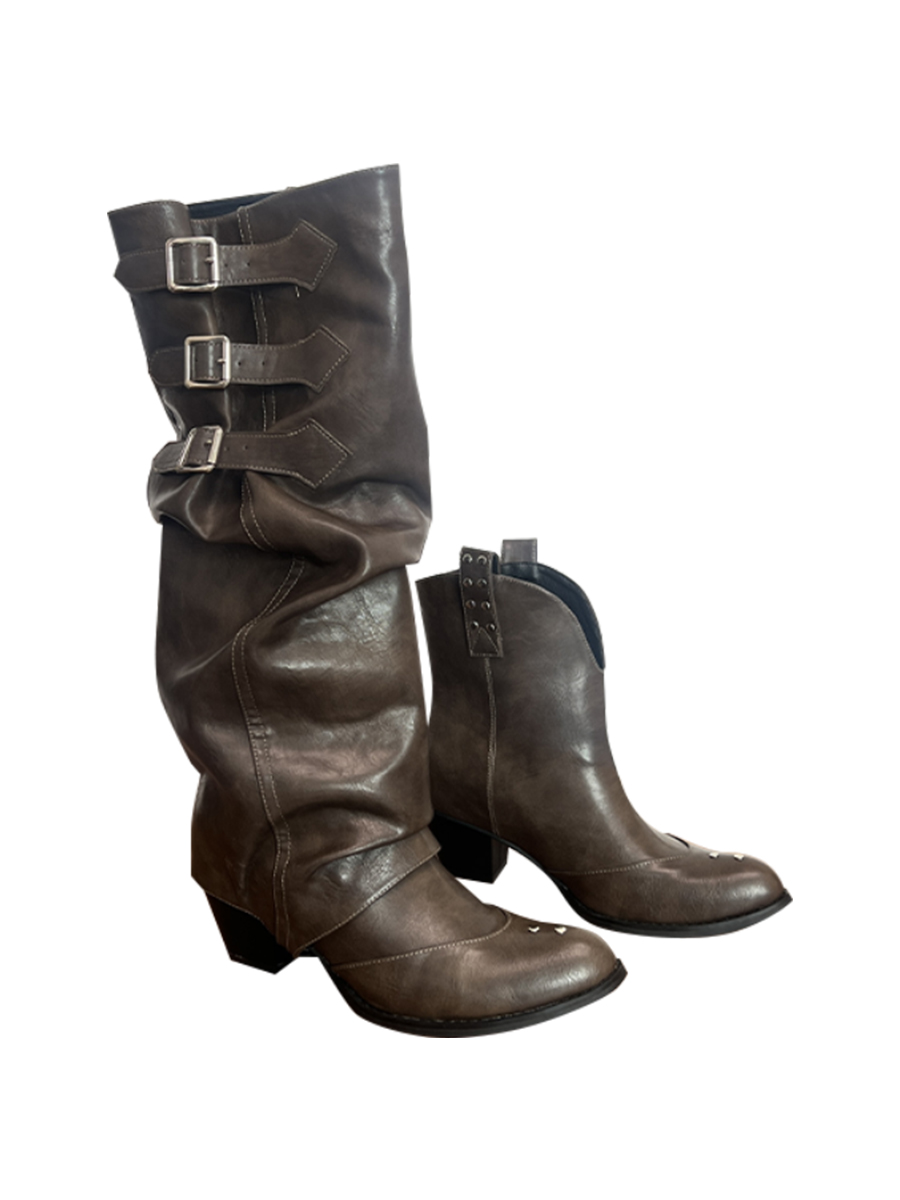 Mooreyu Women's Brown Western Boots | Stacked Knee High Riding Boots | Wrinkled Leather Pointed Toe