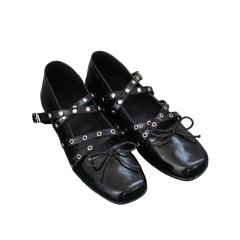 Mooreyu Red Bow Single Shoes for Women, Spring/Summer 2025 Retro Genuine Leather Shallow Mouth Rivet Ballet Flat Shoes for Women