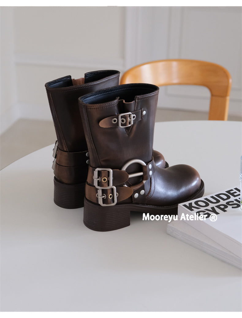 Women's Black Chunky Riding Boots | Genuine Leather Western Ankle Boots | Square Toe Retro Boots