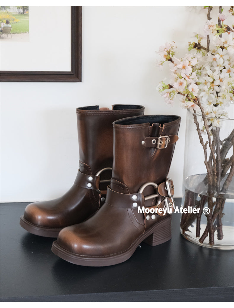 Women's Black Chunky Riding Boots | Genuine Leather Western Ankle Boots | Square Toe Retro Boots