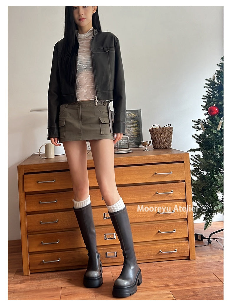 Mooreyu slim knight boots for women, round toe, thick heel, Martin boots with British style, polished retro long boots for women