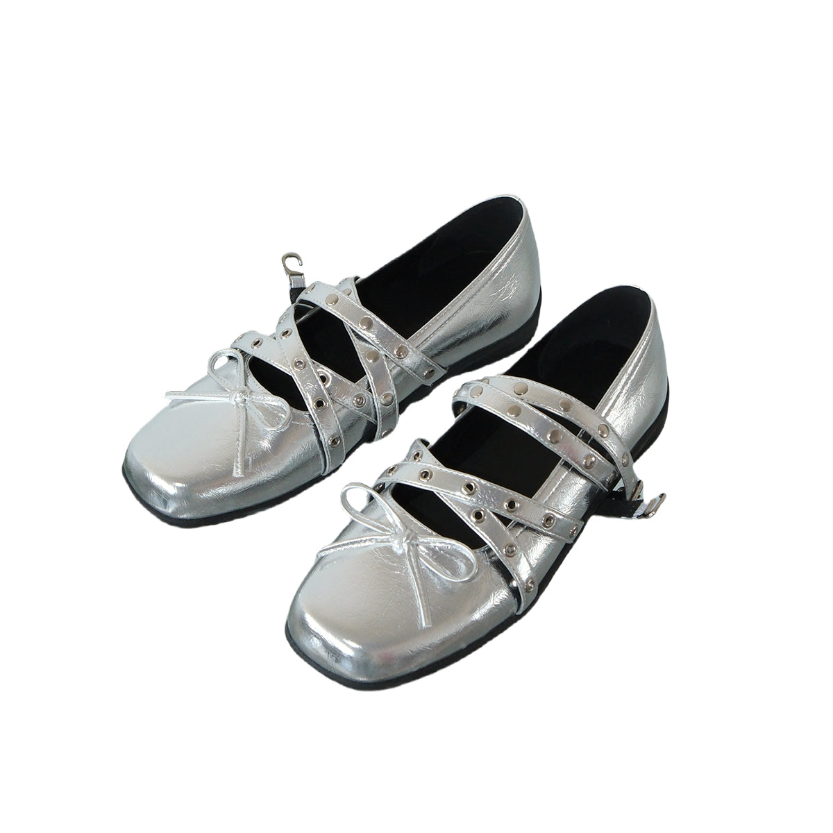 Mooreyu Red Bow Single Shoes for Women, Spring/Summer 2025 Retro Genuine Leather Shallow Mouth Rivet Ballet Flat Shoes for Women