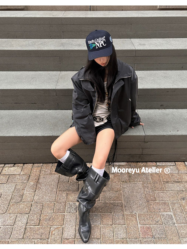 Big walled boots for children in the spring and summer of 2025, made of genuine leather, suitable for girls who can't reach their knees. Long boots with pointed toes, thick heels, and black piled boots for women