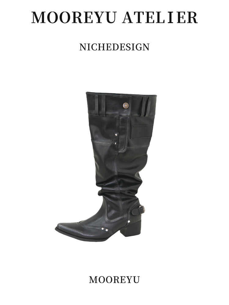 Big walled boots for children in the spring and summer of 2025, made of genuine leather, suitable for girls who can't reach their knees. Long boots with pointed toes, thick heels, and black piled boots for women