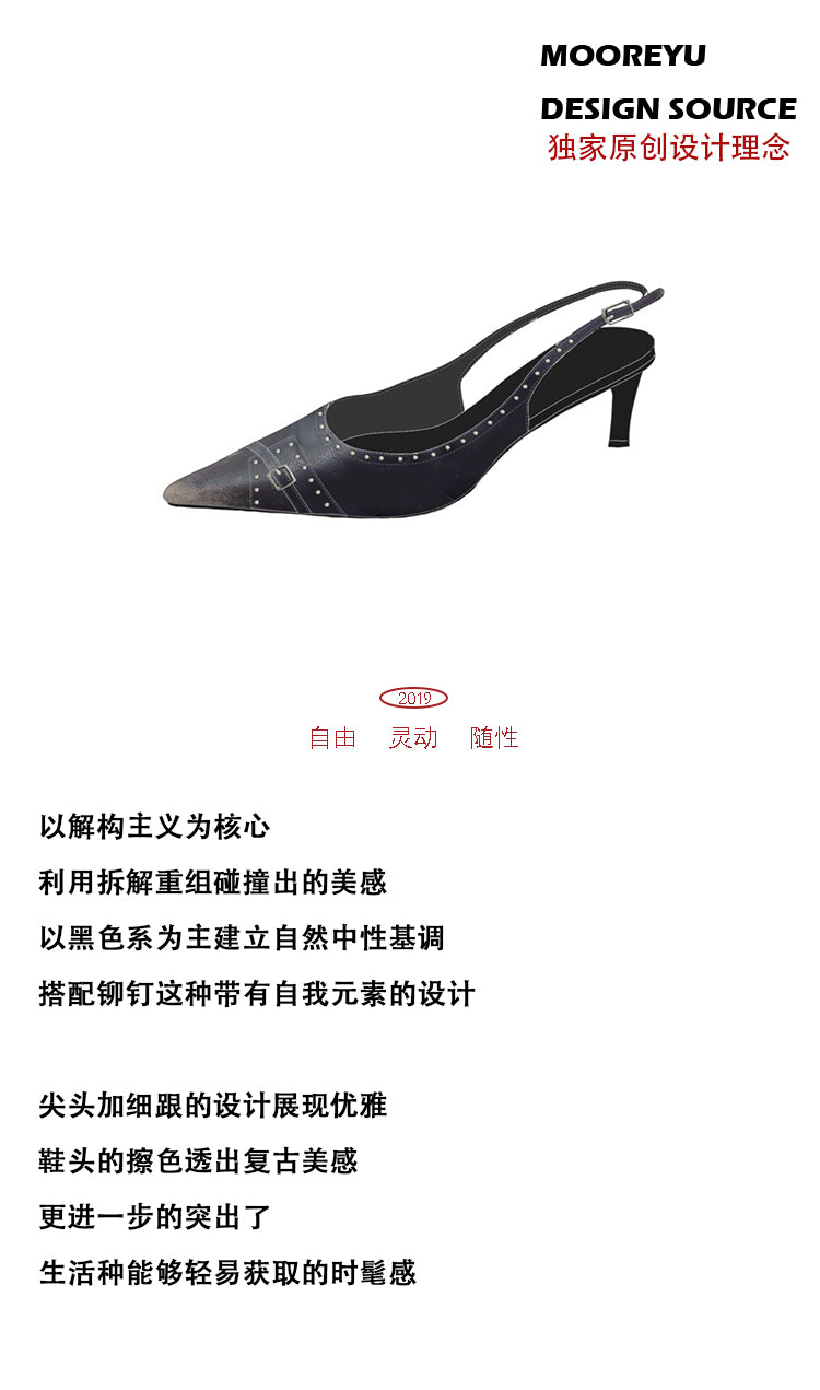 Mooreyu Women's Black Pointed Mules | Leather Slingback Heels | Buckle Detail Dress Sandals