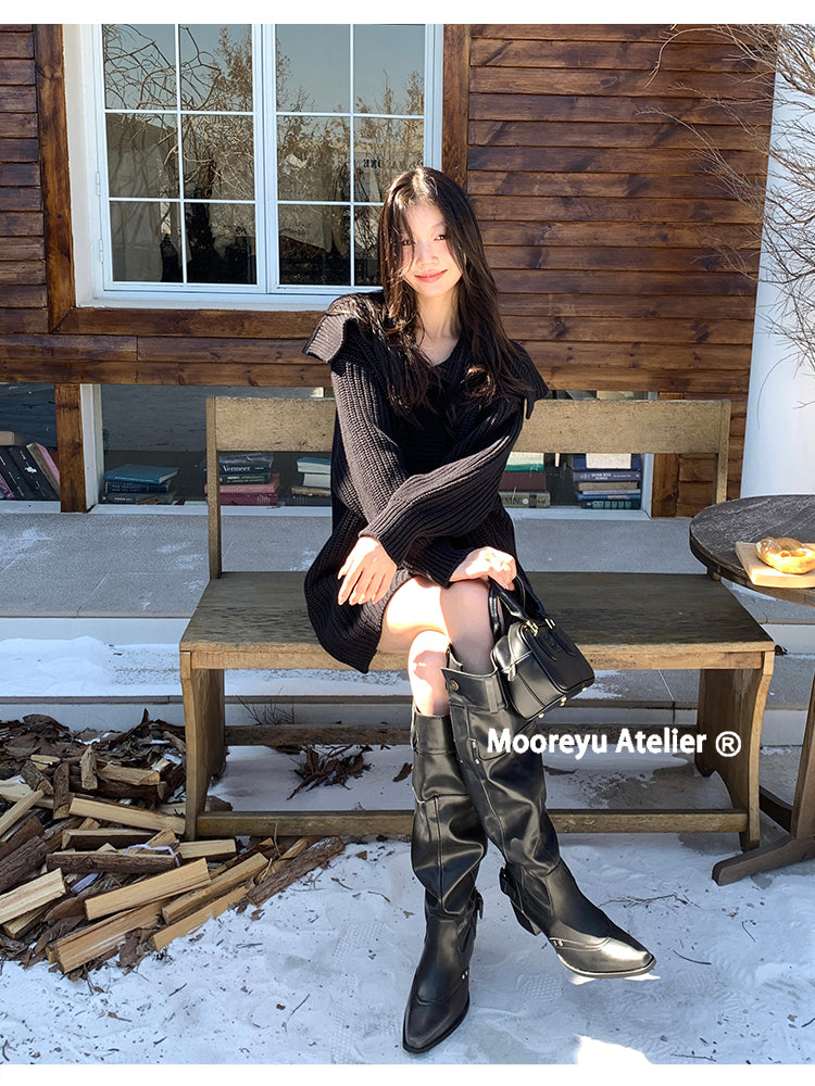 Big walled boots for children in the spring and summer of 2025, made of genuine leather, suitable for girls who can't reach their knees. Long boots with pointed toes, thick heels, and black piled boots for women