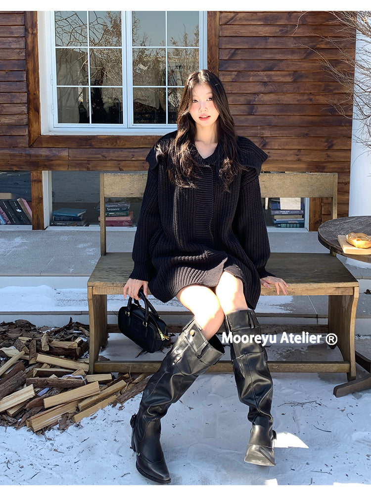 Big walled boots for children in the spring and summer of 2025, made of genuine leather, suitable for girls who can't reach their knees. Long boots with pointed toes, thick heels, and black piled boots for women