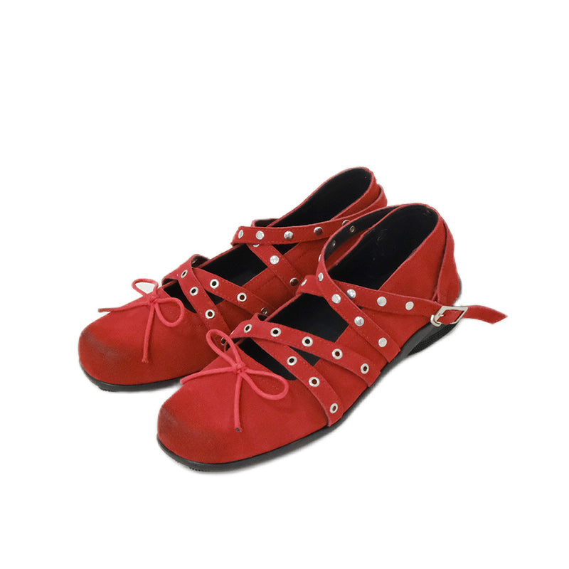Mooreyu Red Bow Single Shoes for Women, Spring/Summer 2025 Retro Genuine Leather Shallow Mouth Rivet Ballet Flat Shoes for Women