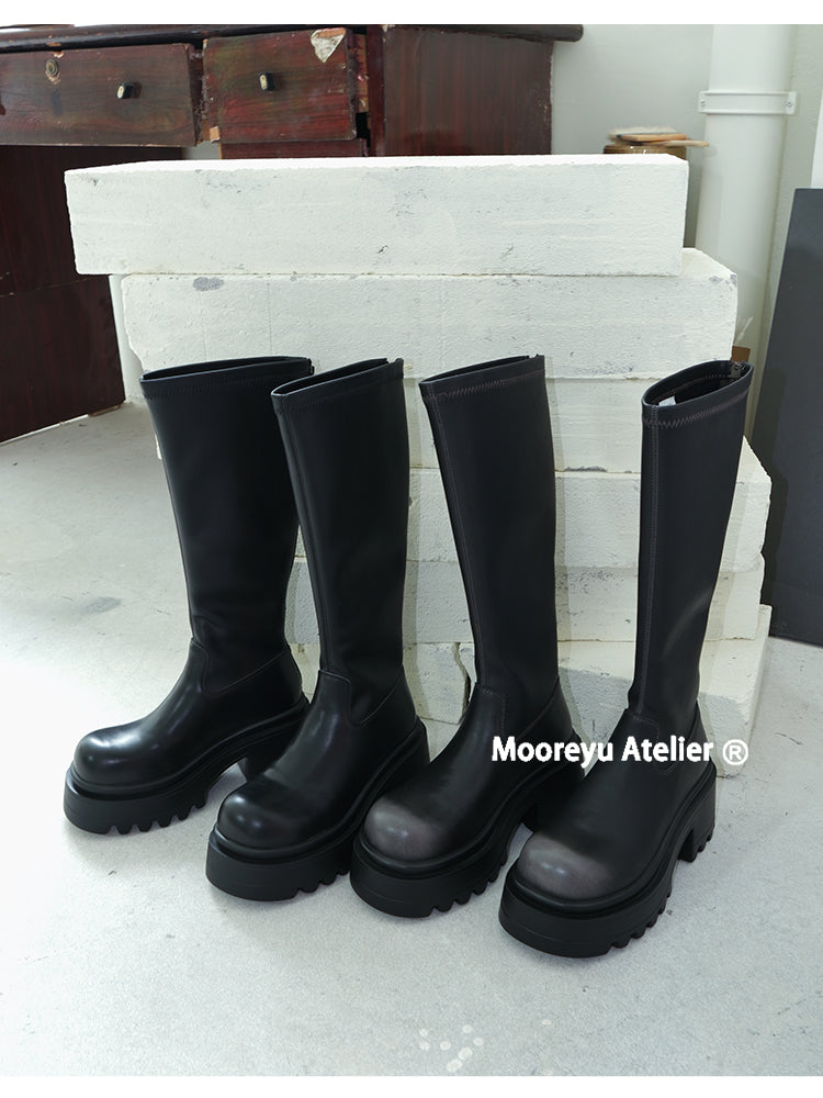 Mooreyu slim knight boots for women, round toe, thick heel, Martin boots with British style, polished retro long boots for women