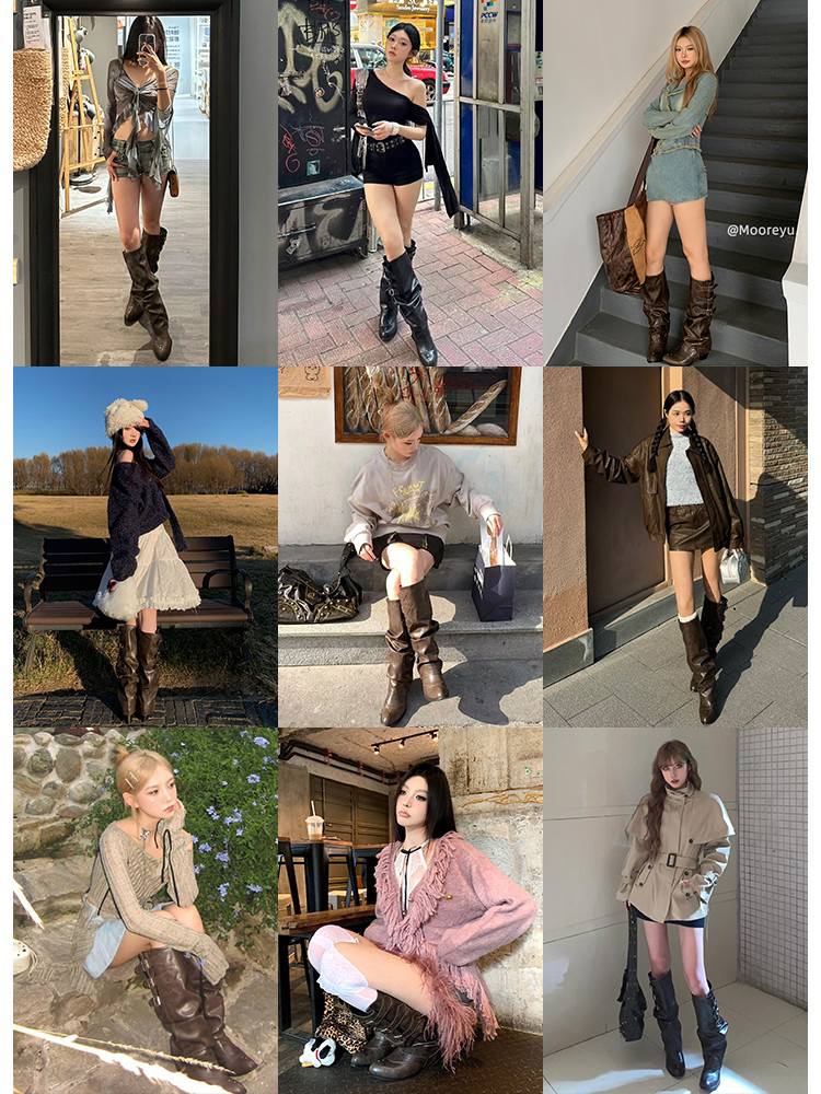 Mooreyu Women's Brown Western Boots | Stacked Knee High Riding Boots | Wrinkled Leather Pointed Toe