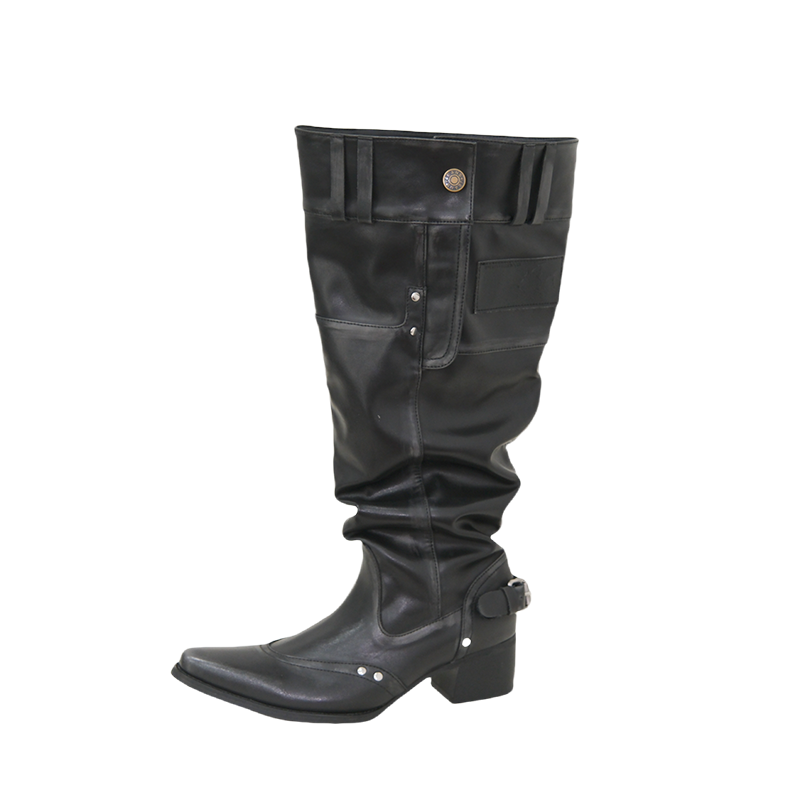 Big walled boots for children in the spring and summer of 2025, made of genuine leather, suitable for girls who can't reach their knees. Long boots with pointed toes, thick heels, and black piled boots for women