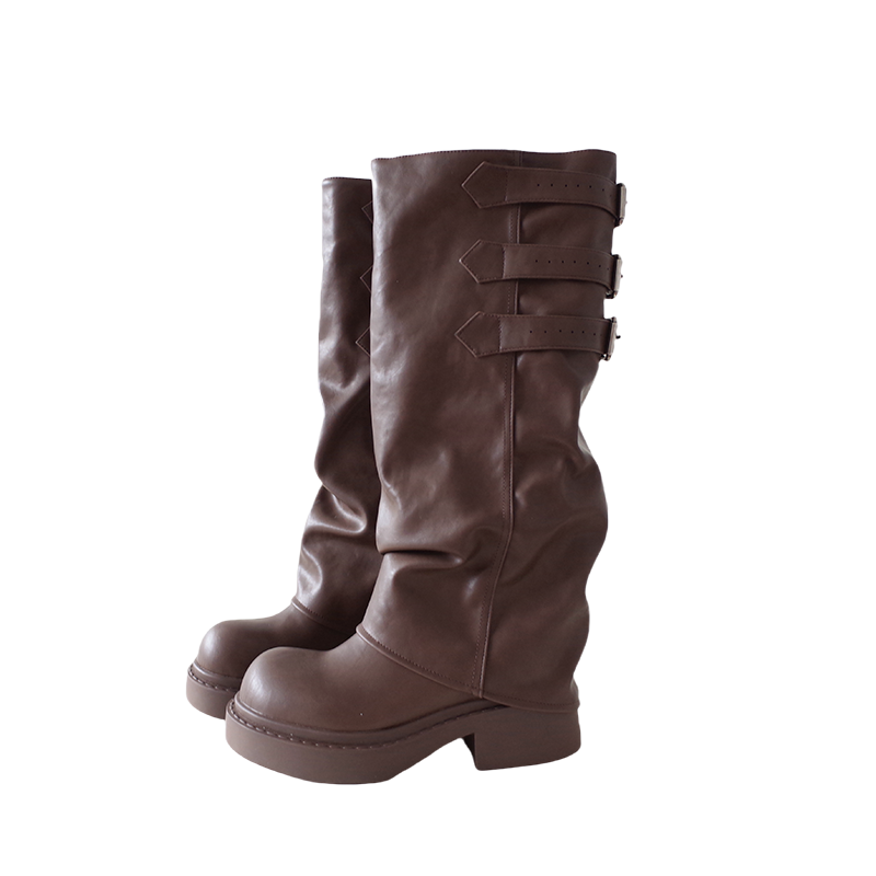 Mooreyu Thick soled Pants Boots Retro Knight Boots Women's 2024 Autumn/Winter New Versatile Look Thin Brown Stacked Boots
