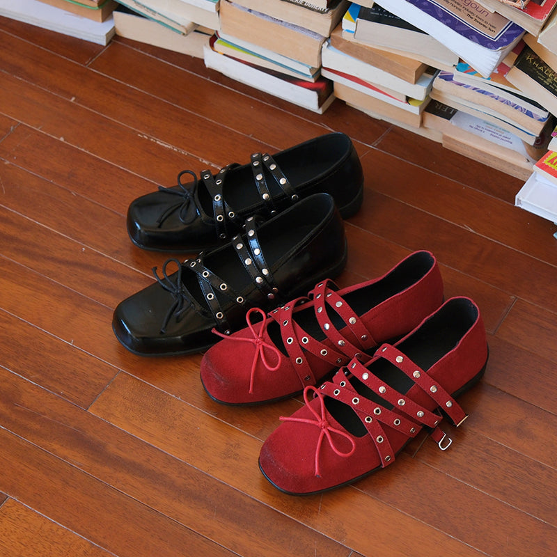 Mooreyu Red Bow Single Shoes for Women, Spring/Summer 2025 Retro Genuine Leather Shallow Mouth Rivet Ballet Flat Shoes for Women