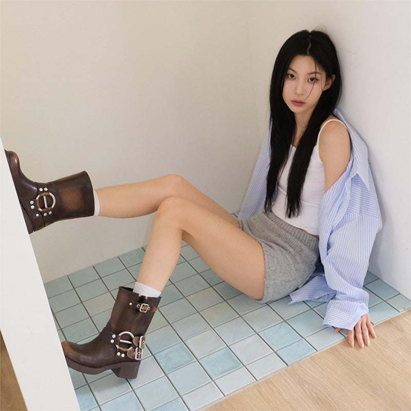 Women's Black Chunky Riding Boots | Genuine Leather Western Ankle Boots | Square Toe Retro Boots
