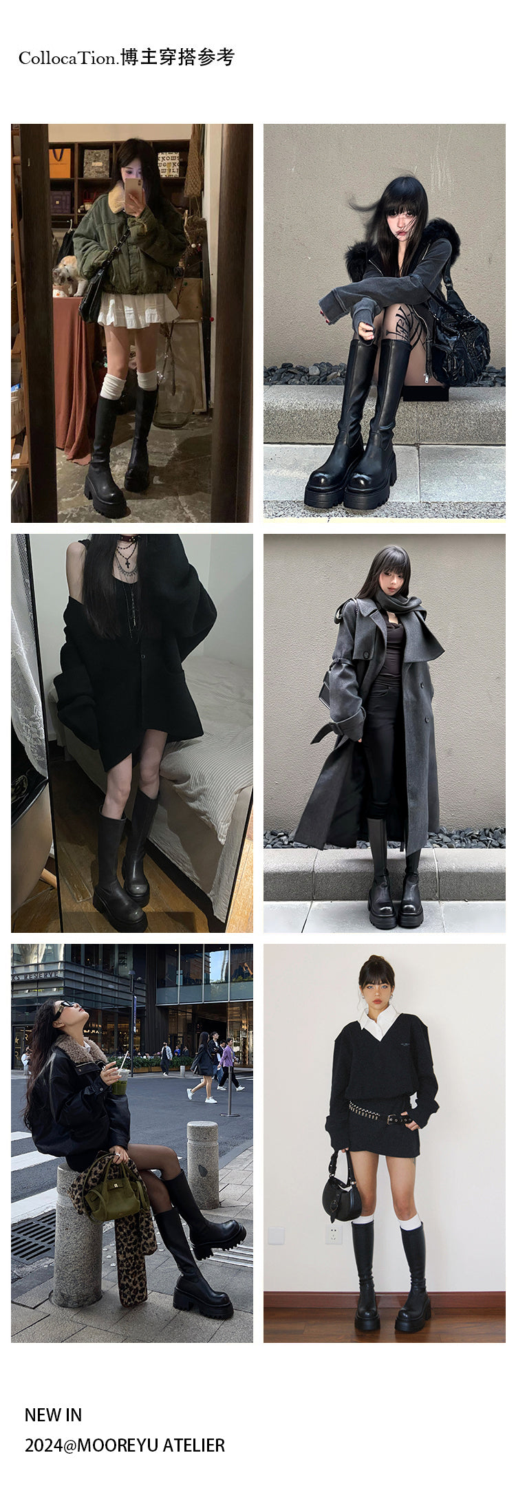 Mooreyu slim knight boots for women, round toe, thick heel, Martin boots with British style, polished retro long boots for women