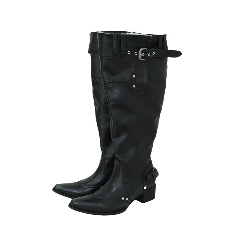 Big walled boots for children in the spring and summer of 2025, made of genuine leather, suitable for girls who can't reach their knees. Long boots with pointed toes, thick heels, and black piled boots for women