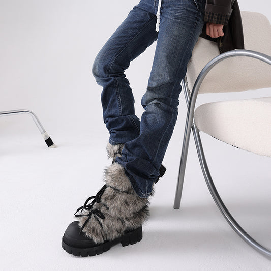 Mooreyu height increasing thick soled snow boots for women 2024 winter new retro fur big toe boots with thick cotton shoes for women