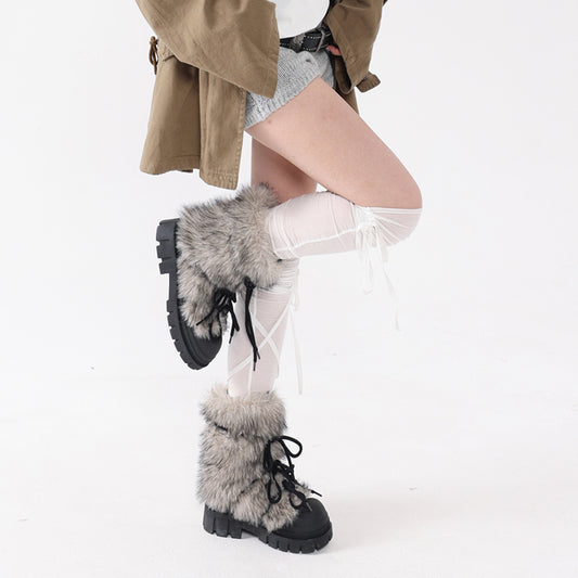 Mooreyu height increasing thick soled snow boots for women 2024 winter new retro fur big toe boots with thick cotton shoes for women