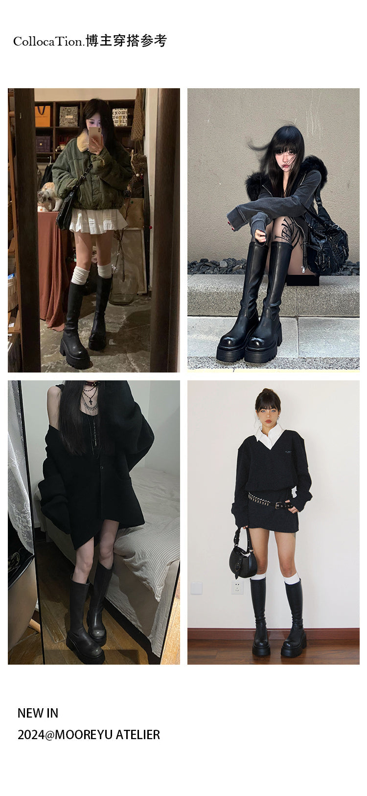 Mooreyu slim knight boots for women, round toe, thick heel, Martin boots with British style, polished retro long boots for women