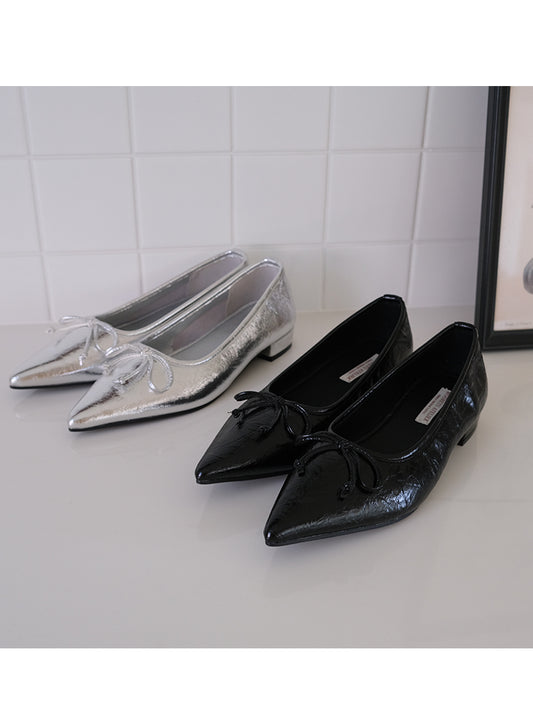 Mooreyu Silver Pointed Single Shoes for Women in Summer 2025 French Style Ballet Bow Flat Shoes Made of Genuine Leather