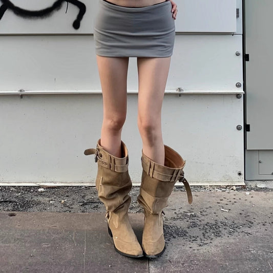 Women's Over The Knee Boots 2025 | Khaki Suede Slimming Heel | Pointed Toe Pleated Stack Boots