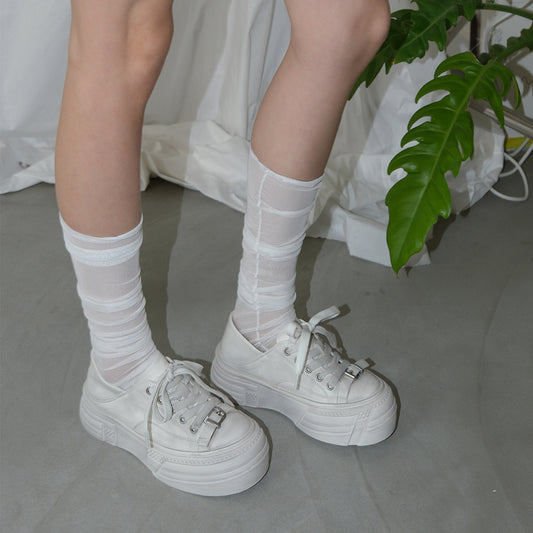 Mooreyu Women's White Platform Sneakers | Genuine Leather Distressed Vintage | Casual Dirty Look Shoes