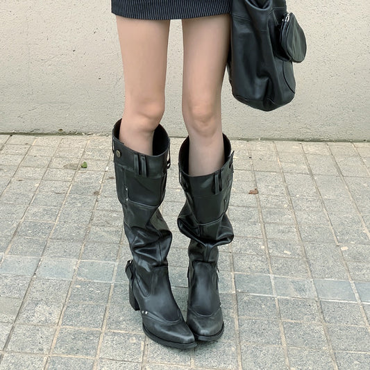 Big walled boots for children in the spring and summer of 2025, made of genuine leather, suitable for girls who can't reach their knees. Long boots with pointed toes, thick heels, and black piled boots for women