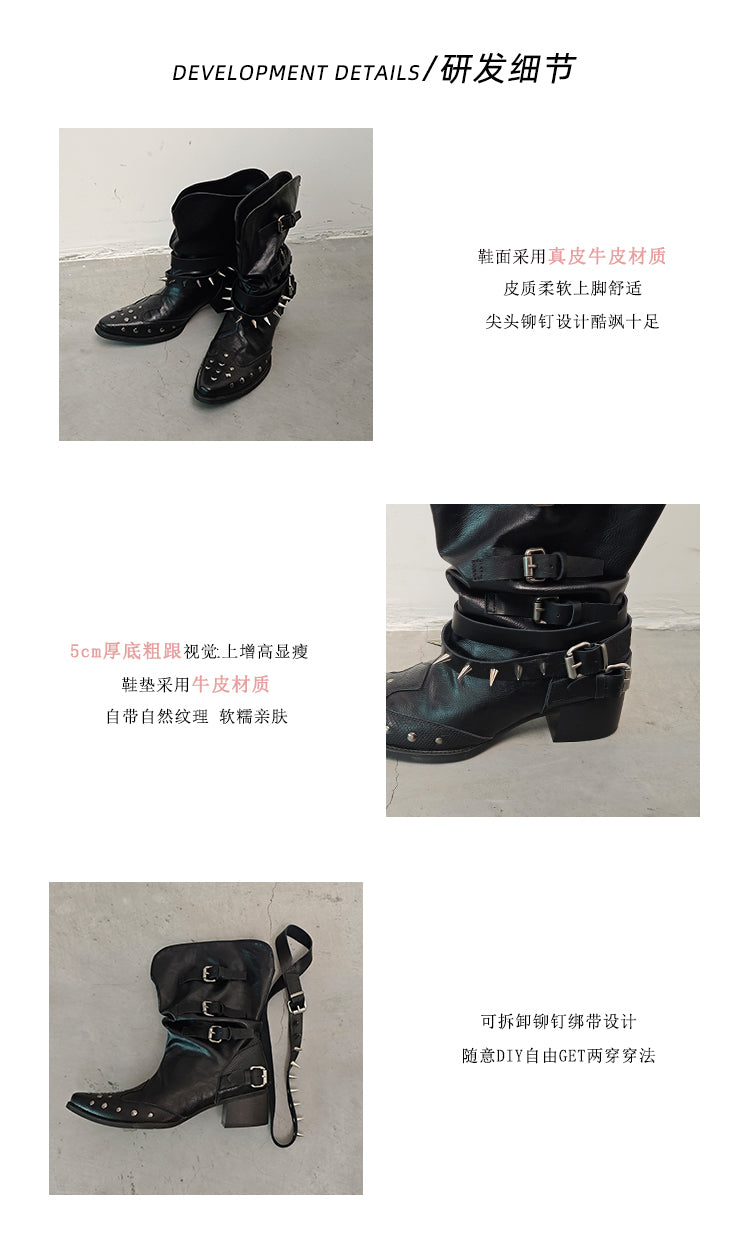 Mooreyu pleated western short boots made of cowhide with pointed V mouth, appearing thin and thick with black, niche rivet knight boots for women
