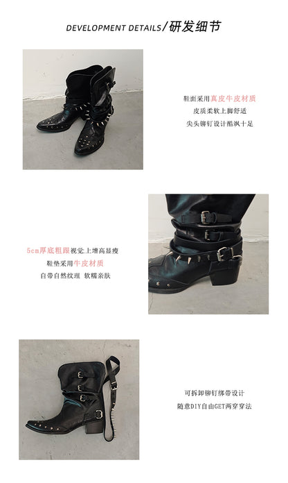 Mooreyu pleated western short boots made of cowhide with pointed V mouth, appearing thin and thick with black, niche rivet knight boots for women