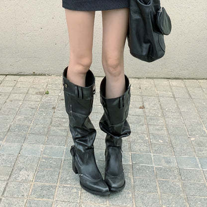 Big walled boots for children in the spring and summer of 2025, made of genuine leather, suitable for girls who can't reach their knees. Long boots with pointed toes, thick heels, and black piled boots for women