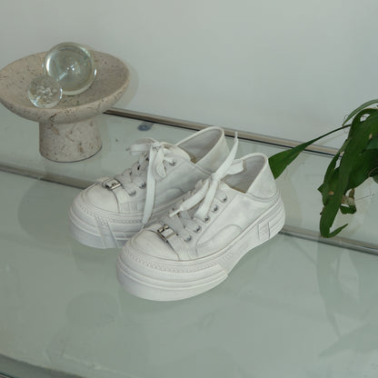 Mooreyu Women's White Platform Sneakers | Genuine Leather Distressed Vintage | Casual Dirty Look Shoes