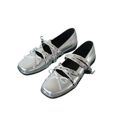 Mooreyu Red Bow Single Shoes for Women, Spring/Summer 2025 Retro Genuine Leather Shallow Mouth Rivet Ballet Flat Shoes for Women