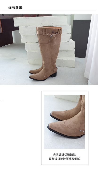 Women's Over The Knee Boots 2025 | Khaki Suede Slimming Heel | Pointed Toe Pleated Stack Boots