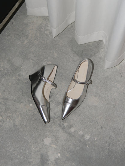 Women's Silver Mary Jane Pumps | Pointed Toe Kitten Heels | Genuine Leather Retro Flats 2025