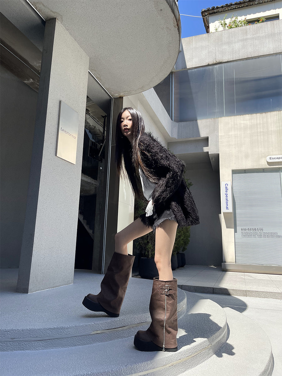 Thick soled boots for women, 2024 autumn and winter new item, knee length boots, short pants boots, women's sponge soled knight boots