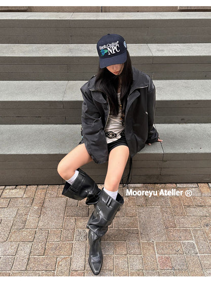 Big walled boots for children in the spring and summer of 2025, made of genuine leather, suitable for girls who can't reach their knees. Long boots with pointed toes, thick heels, and black piled boots for women