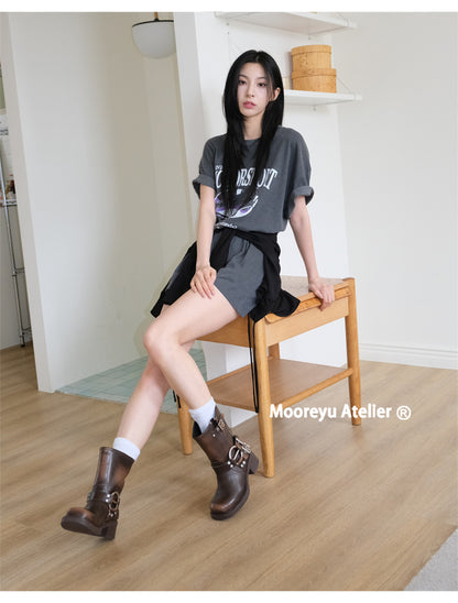 Women's Black Chunky Riding Boots | Genuine Leather Western Ankle Boots | Square Toe Retro Boots
