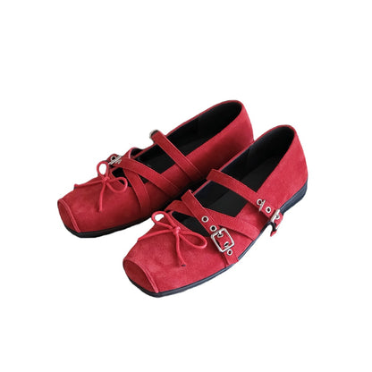 Mooreyu Women's Red Bow Ballet Flats 2025 | Genuine Leather | Retro Pointed Toe Flats with Studs