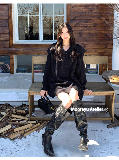 Big walled boots for children in the spring and summer of 2025, made of genuine leather, suitable for girls who can't reach their knees. Long boots with pointed toes, thick heels, and black piled boots for women