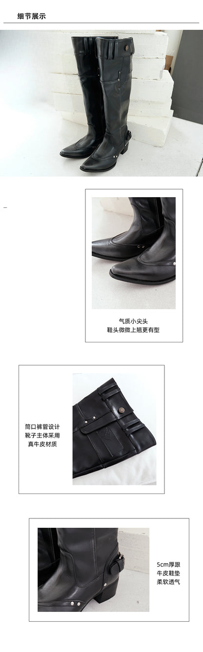 Big walled boots for children in the spring and summer of 2025, made of genuine leather, suitable for girls who can't reach their knees. Long boots with pointed toes, thick heels, and black piled boots for women