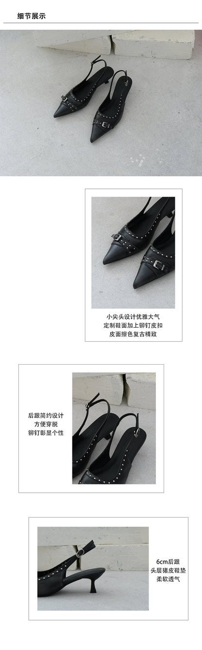 Mooreyu Women's Black Pointed Mules | Leather Slingback Heels | Buckle Detail Dress Sandals