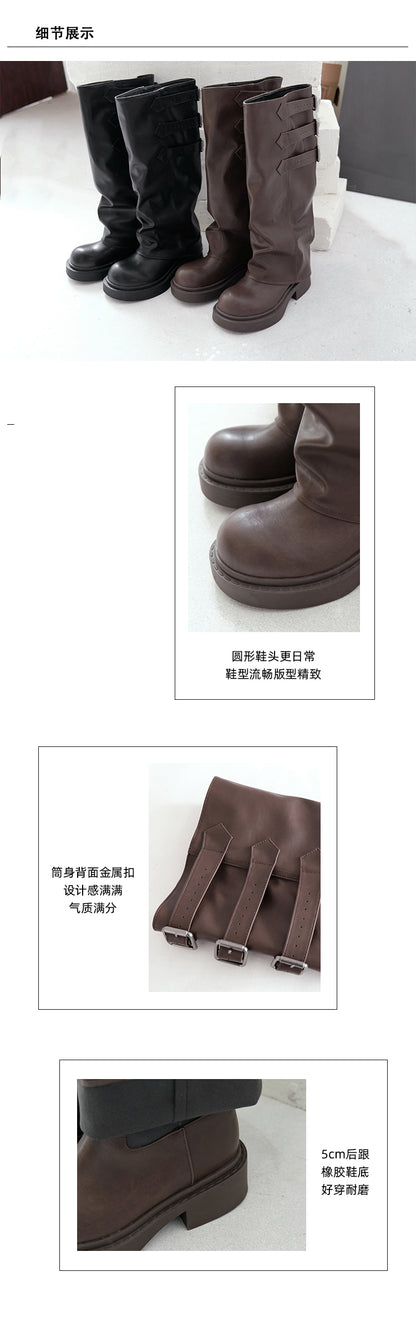 Mooreyu Thick soled Pants Boots Retro Knight Boots Women's 2024 Autumn/Winter New Versatile Look Thin Brown Stacked Boots