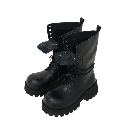 British style lace up Martin boots for women, 2024 autumn and winter height increasing black retro motorcycle versatile leather thick soled short boots for women