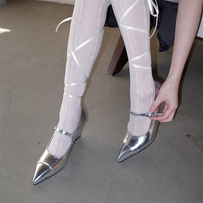 Women's Silver Mary Jane Pumps | Pointed Toe Kitten Heels | Genuine Leather Retro Flats 2025