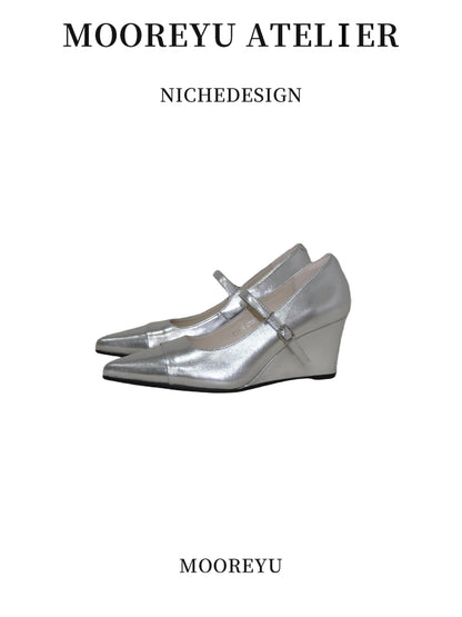 Women's Silver Mary Jane Pumps | Pointed Toe Kitten Heels | Genuine Leather Retro Flats 2025