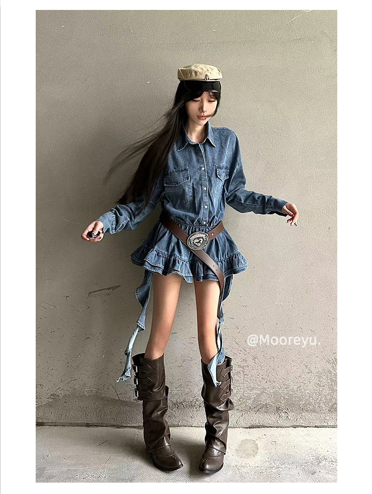 Mooreyu Women's Brown Western Boots | Stacked Knee High Riding Boots | Wrinkled Leather Pointed Toe