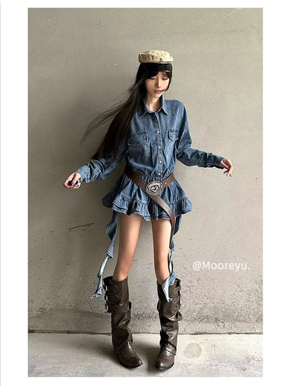 Mooreyu Women's Brown Western Boots | Stacked Knee High Riding Boots | Wrinkled Leather Pointed Toe