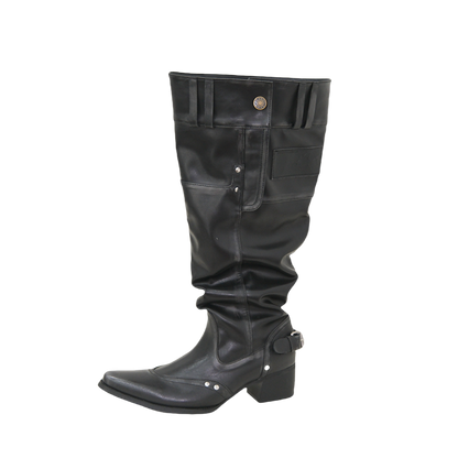Big walled boots for children in the spring and summer of 2025, made of genuine leather, suitable for girls who can't reach their knees. Long boots with pointed toes, thick heels, and black piled boots for women
