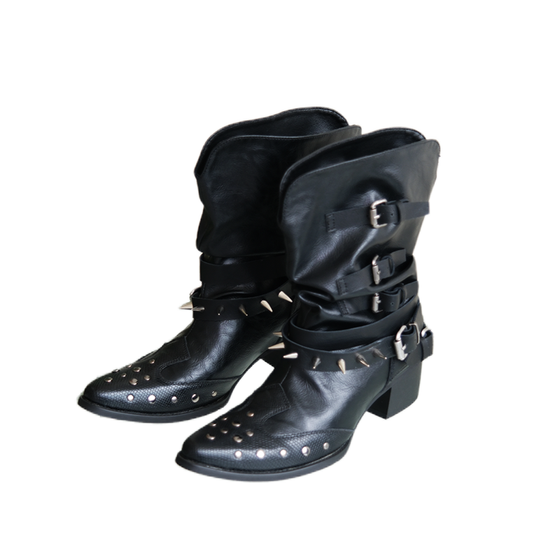 Mooreyu pleated western short boots made of cowhide with pointed V mouth, appearing thin and thick with black, niche rivet knight boots for women