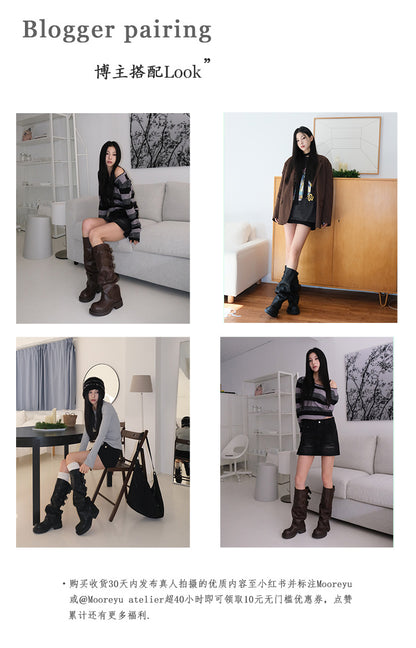 Mooreyu Thick soled Pants Boots Retro Knight Boots Women's 2024 Autumn/Winter New Versatile Look Thin Brown Stacked Boots